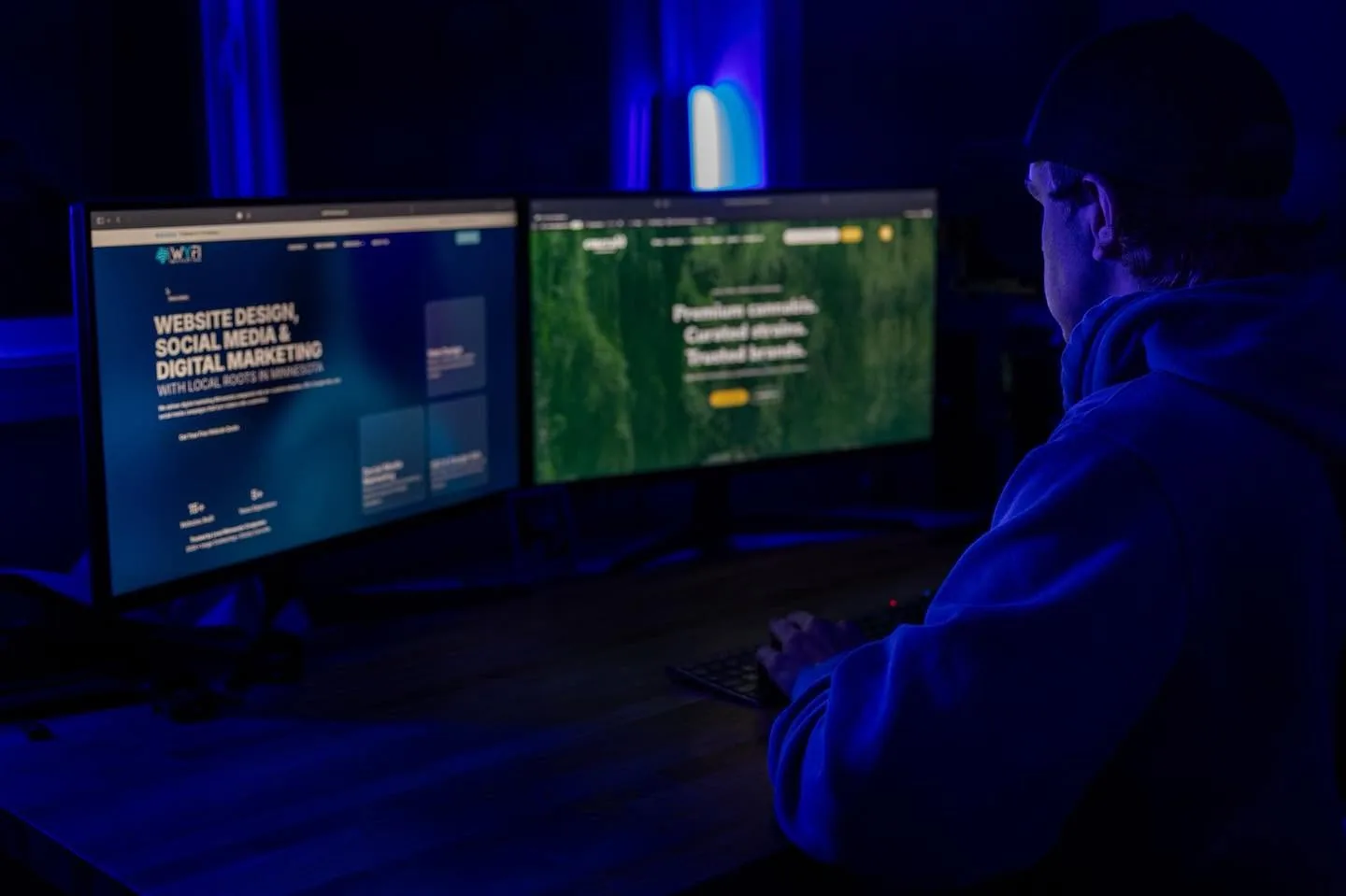 Cory Johnstone working on a Minnesota cannabis client website at the Wyfi Marketing office