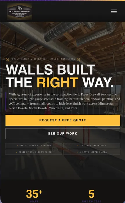 Daley Drywall Services website on a phone, showing the mobile layout built by Wyfi Marketing