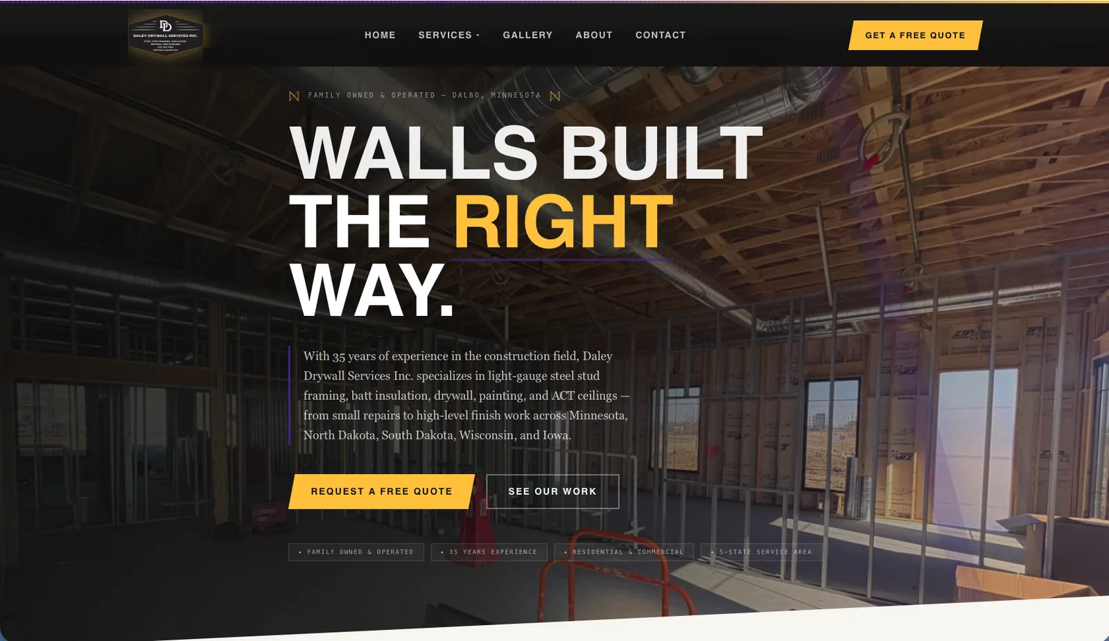Daley Drywall Services website homepage, a steel stud framing and drywall contractor in Dalbo MN, built by Wyfi Marketing