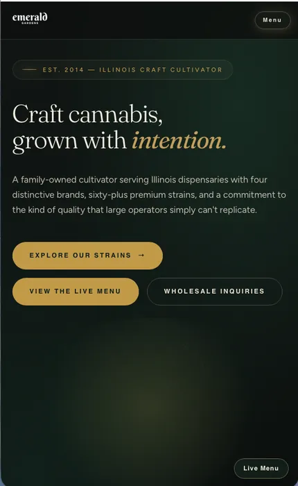 Emerald Gardens cannabis cultivator website on a phone, showing the mobile layout built by Wyfi Marketing