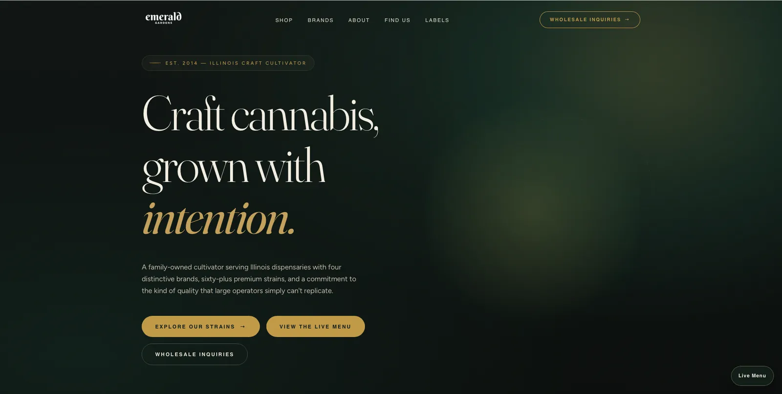 Emerald Gardens website homepage, an Illinois craft cannabis cultivator, built by Wyfi Marketing