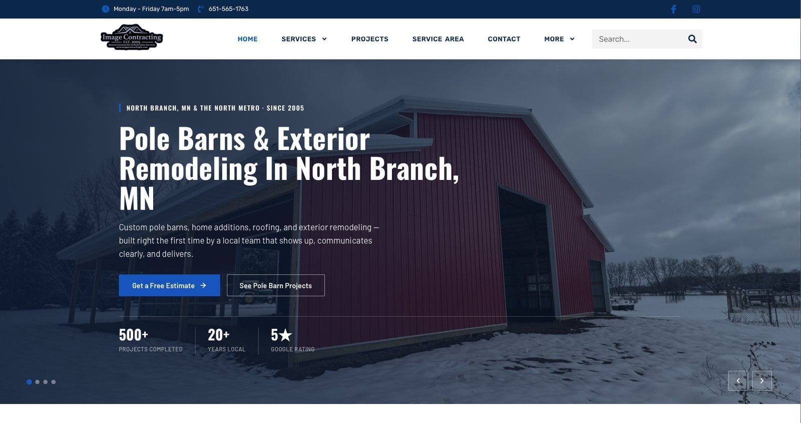 Image Contracting website homepage, a pole barn and exterior remodeling contractor in North Branch MN, built by Wyfi Marketing