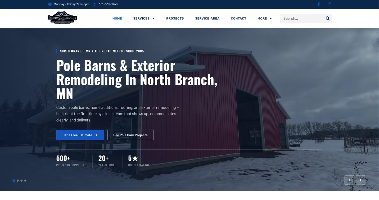 Image Contracting website homepage, a pole barn and exterior remodeling contractor in North Branch MN, built by Wyfi Marketing
