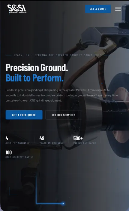 Service Grinding and Sharpening website on a phone, showing the mobile layout built by Wyfi Marketing