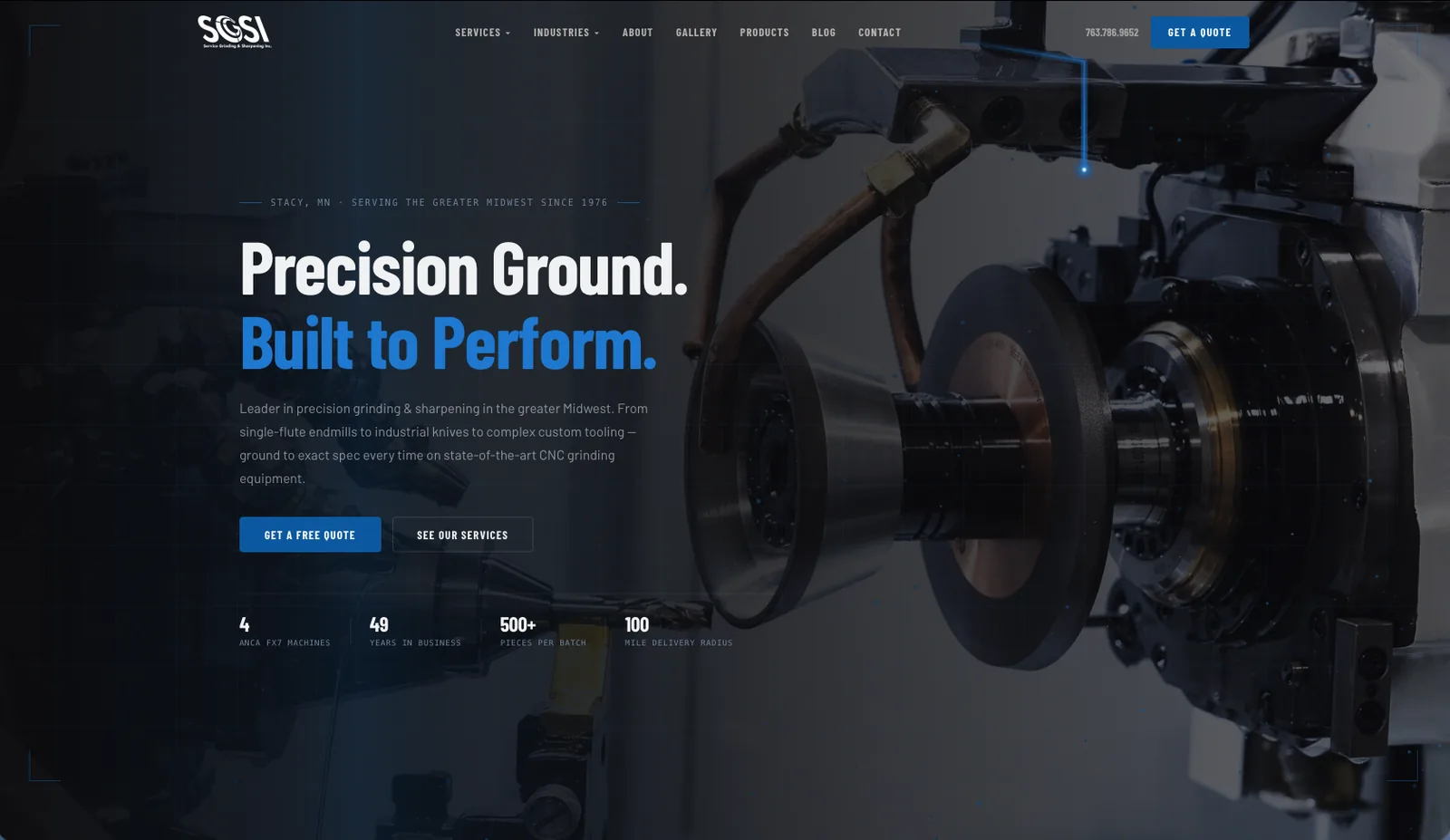 Service Grinding and Sharpening website homepage, a precision grinding company in Stacy MN, built by Wyfi Marketing