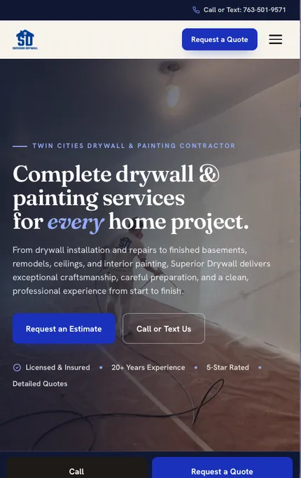 Superior Drywall website on a phone, showing the mobile layout built by Wyfi Marketing