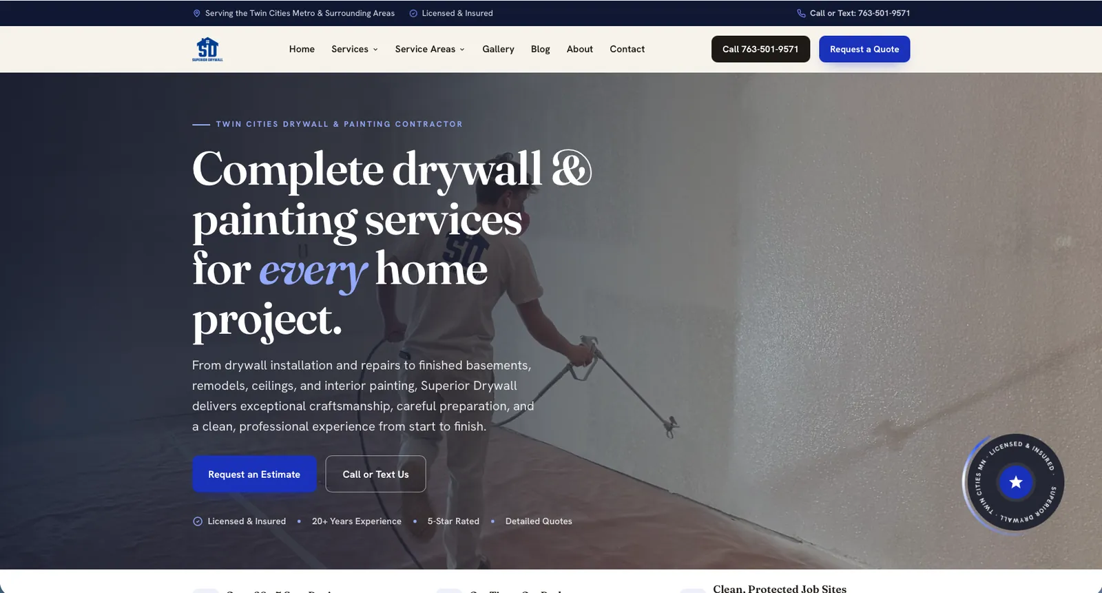 Superior Drywall website homepage, a Twin Cities drywall and painting contractor, built by Wyfi Marketing