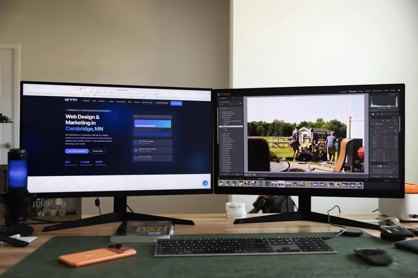 The Wyfi Marketing home office in Cambridge MN with a client website and photo editing on screen