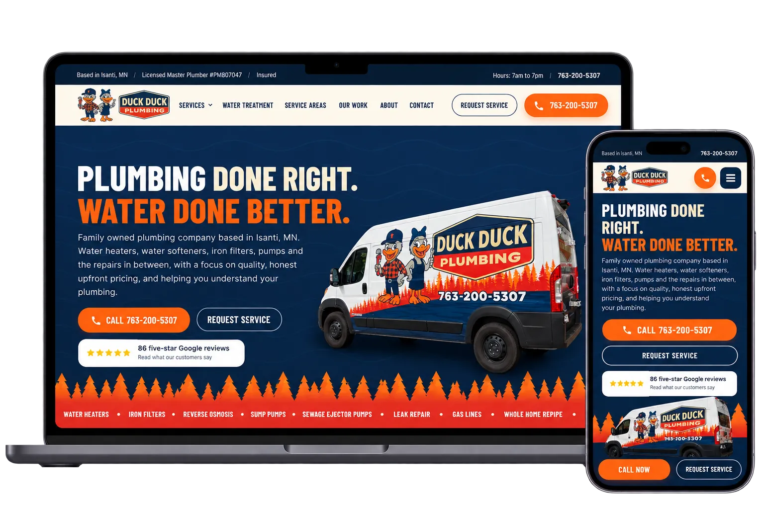 Duck Duck Plumbing website design shown on a laptop and phone, built by Wyfi Marketing