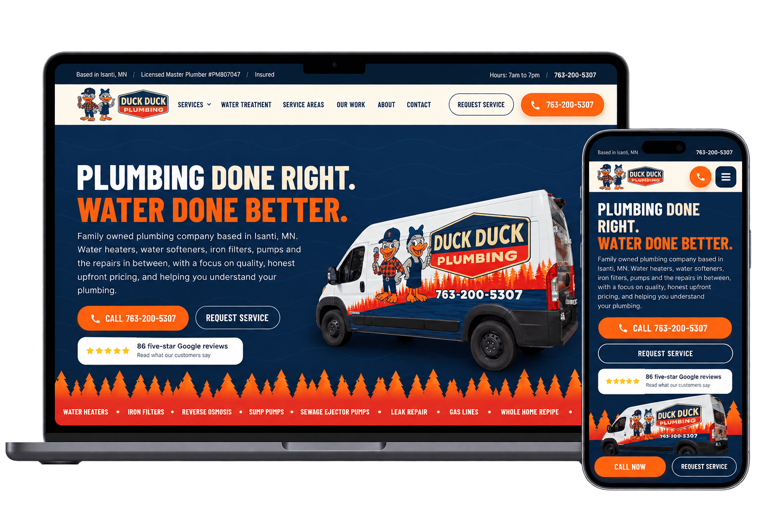 Duck Duck Plumbing website design shown on a laptop and phone, built by Wyfi Marketing