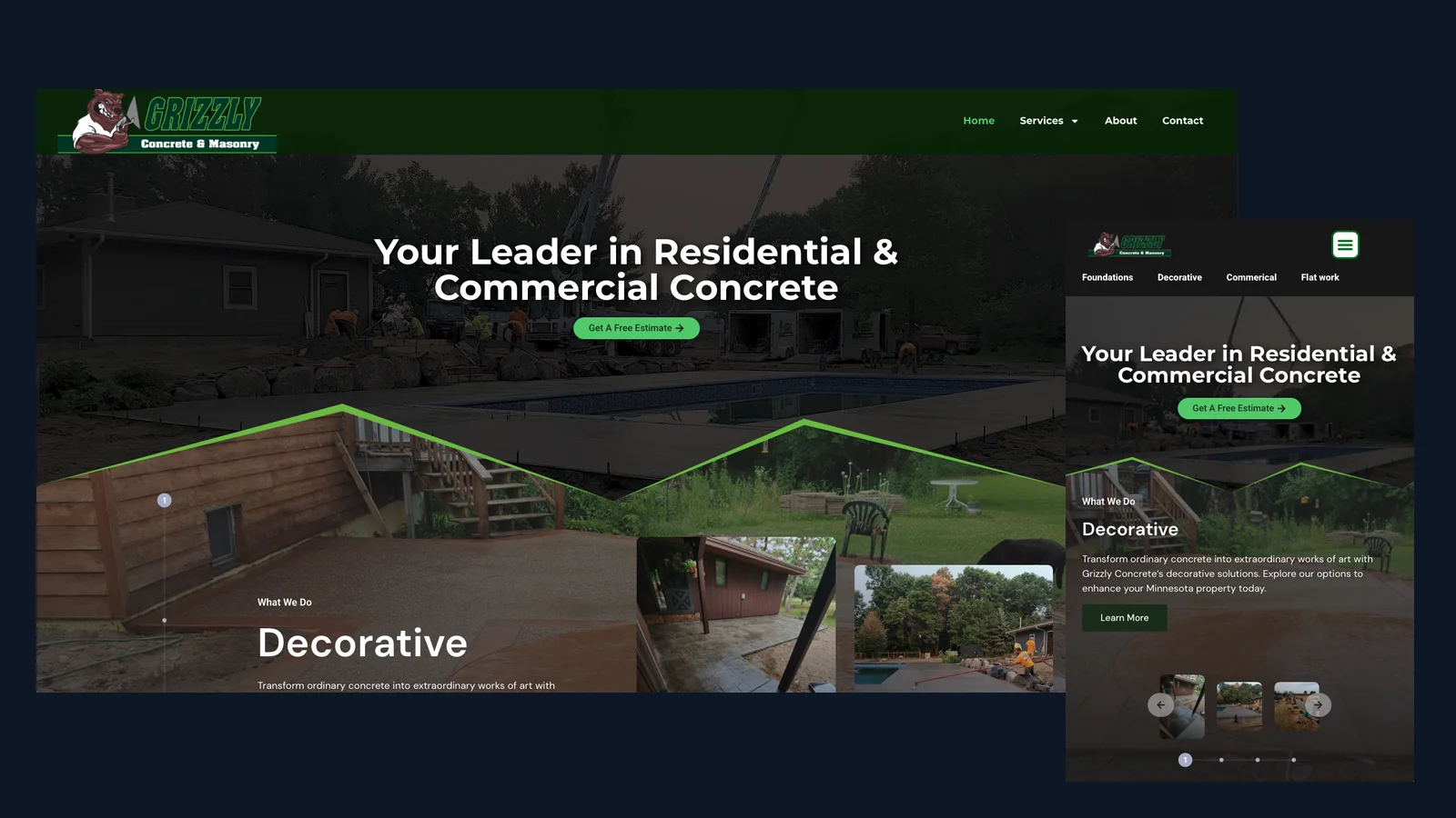 Grizzly Concrete and Masonry website built by Wyfi Marketing, shown on desktop and mobile